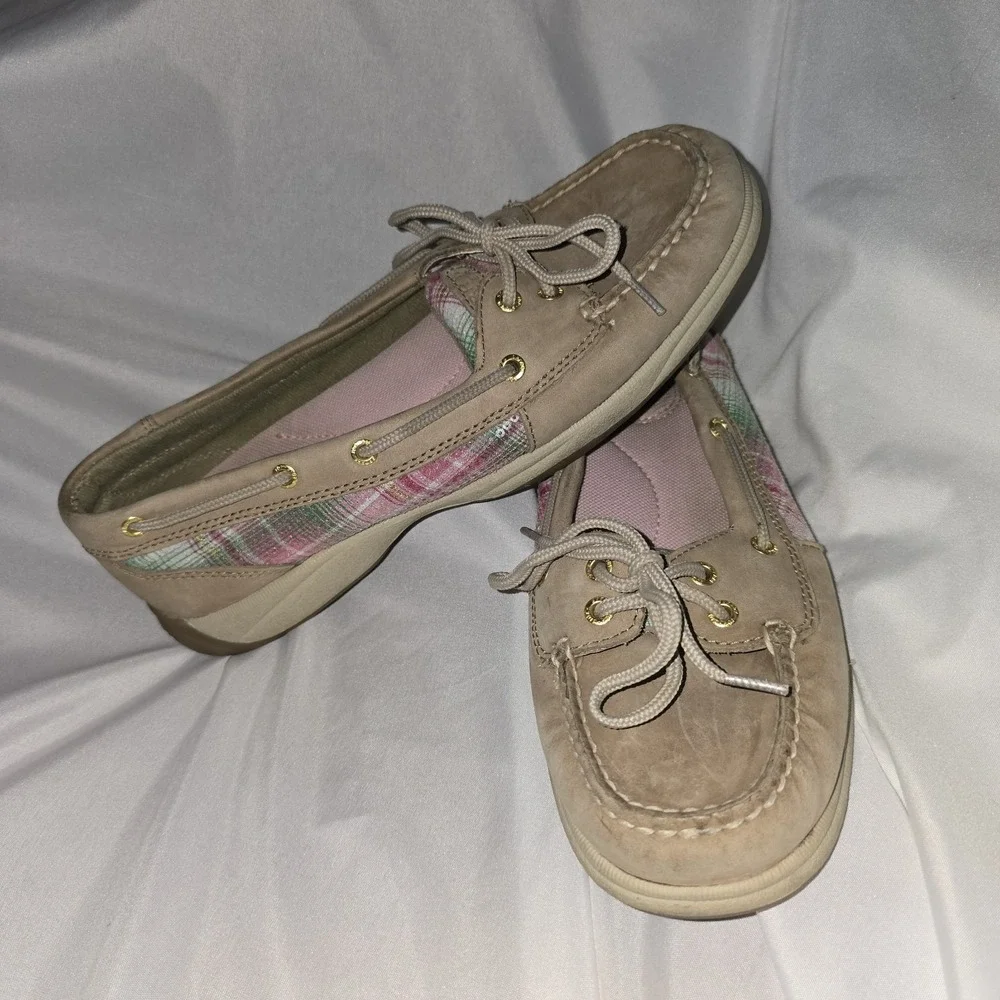 Sperry Top-Sider Boat Shoes sz 9 M Natural Tan Leather Pink Sequin Plaid